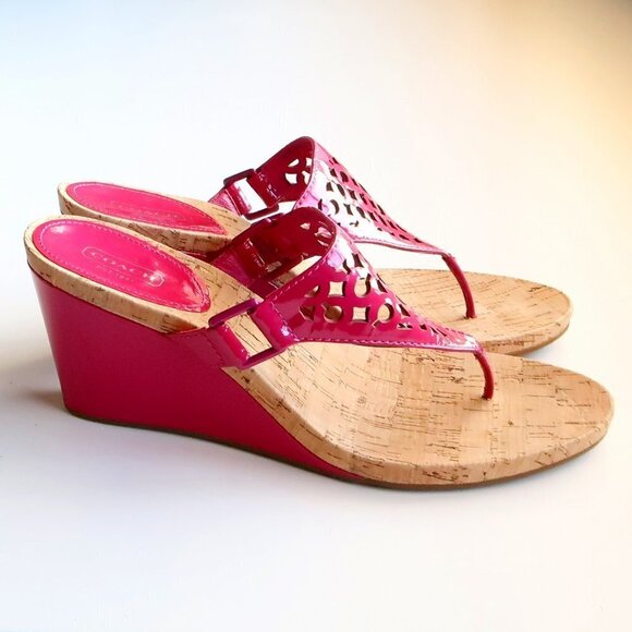 Coach Brookk Fuchsia Pink Patent Leather Thong Slip On Wedge Heel Mule Sandals - Picture 2 of 16
